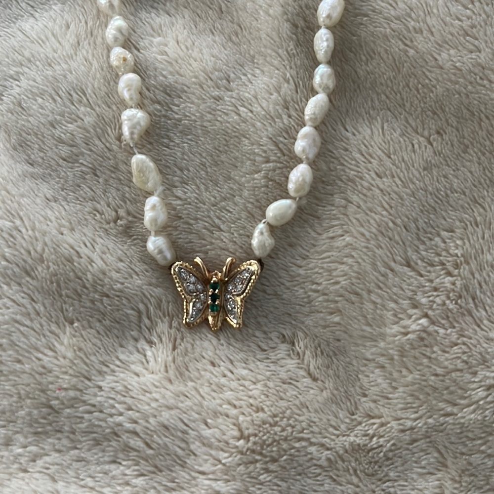 Fresh water Pearls and gold/Diamond/emerald stone butterfly